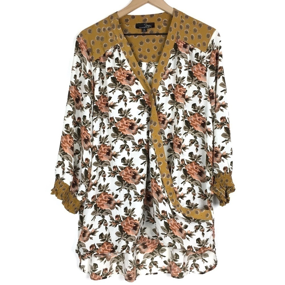 SUZANNE BETRO Tunic Top Wrap Style Surplice Neckline Floral Mustard Plus Size 1X